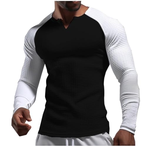 Mens Waffle Knit Shirts Long Sleeve Color Block Tops Casual Muscle